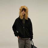 Direct Selling Vintage Fur Collar Couple Hooded Zip Open-Air Jacket Oversize Design Niche Coat