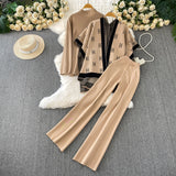 Fashion Ocean Gas Three-Piece Loose Wind Letter Embroidered Cardigan Jacket Bottom High Collar Knitting Tops Broad Legs