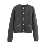 Golden Buckle-Repair Knitted Cardigan 2025 Spring Collar Bag Long-Sleeved Women's Sweater Coat