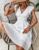 Summer New Lotus Leaf Sleeve Elegant Thin V-Neck Women's Fashion Fashion Hollow Dress Dress Women