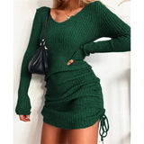 2025 Knitted Sweater V Collar Long Sleeve Autumn And Winter Sexy Body Threaded Skirt Folding Drawstring Skirt