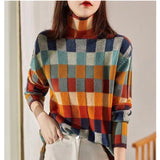 Colorful Color Chessboard Wool Knitwear Autumn And Winter New High-Collar Lazy Thin Wearing Tattoo Sweater Woman