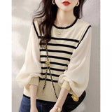 Fake Two French Knitted Women's New Long-Sleeved Retro Fashion Stripe Sweater Tops In Autumn/Winter 2025