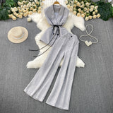 High-Grade Gray West Assembly V-Neck Double Buckle Vest Sleeveless Waist Blouse + High Waist-High-Scretch Broad-Legged Trousers Two