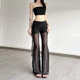 Fashion 2025 Summer New Women's Sexy Hottie Lotus Side Design Folding Mesh Splicing Perspective Leisure Pants