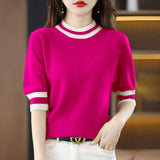 2025 Round Collar Half-Sleeve Tight Cover Sweater Five-Point Sleeve Top Female Knitting Bottom Flying Sleeve Half-High Collar