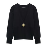 Simple Temperament Metal Button Knitted Cardigan 2025 Spring Long Sleeve V Collar Short Coat Woman