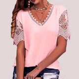 2025 Women's T-Shirt Burst Lace Splicing Loose V-Neck Short-Sleeved T-Shirt
