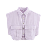 10 Color Women's Clothing 2025 Spring Solid Color Big Pocket Sleeveless Polo Collared Denim Shirt Blouse