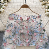 One-Word Shoulder Mesh Embroidery Perspective Shirt For Women's Summer Loose Bubble Sleeve Short Hoodie Long-Sleeved Lace Shirt