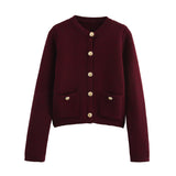Golden Buckle-Repair Knitted Cardigan 2025 Spring Collar Bag Long-Sleeved Women's Sweater Coat