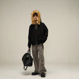 Direct Selling Vintage Fur Collar Couple Hooded Zip Open-Air Jacket Oversize Design Niche Coat