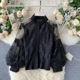 French Retro Mesh Lace Blouse Women's Collar Three-Dimensional Embroidered Bubble Sleeve Court Style Slim Shirt Woman