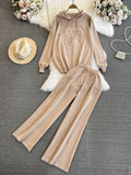 Fashion Suit Women's Korean Version Of Loose Knitted Hoodie Two Sets Of Leisure High-Rise Thin Straight Broad Leg Pants